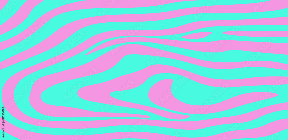 Poster abstract vector illustration featuring turquoise wavy zebra-like lines on a pink background, creatin