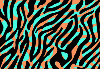 Vibrant abstract vector with bold black stripes over colorful neon wavy background. Modern zebra-inspired pattern perfect for trendy backgrounds or textile design.