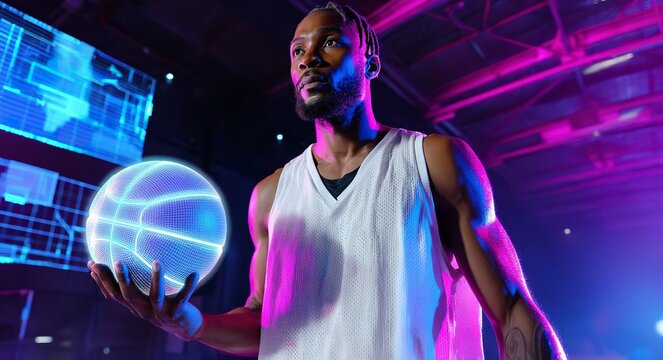 Basketball player holding basketball hologram at futuristic sport arena. Energetic athlete or sport person practicing basketball skill by using augmented reality technology. Innovation. Ingenuity.. - Powered by Adobe