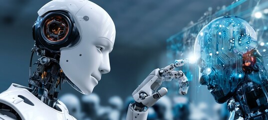 3D rendering artificial intelligence AI research of droid robot and cyborg development for future of people living. Digital data mining and machine learning technology design for computer brain.