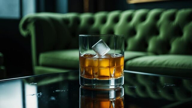 New cocktail glass on a glass surface. Alcoholic drink, close-up. Classic alcoholic beverage.