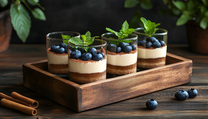 Homemade Tiramisu dessert in glasses with cinnamon, mint and fresh blueberries in wooden tray on rustic wooden background, selective focus, copy space, horizontal composition