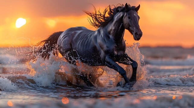 Black Stallion Galloping Through Shallow Ocean Water, Light Bouncing Off The Spray, Thunderous Freedom And Raw Motion --Ar 16:9 --S 996 --V 6.0 --Style Raw** - @Darya (Relaxed)