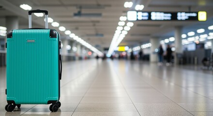 Fototapeta premium Bright turquoise suitcase with black accents positioned centrally on a polished airport floor, symbolizing travel and adventure amidst a blurred background of travelers