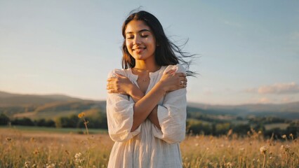 A young woman smiling with her arms around herself, standing in a vast grassy field under sunlight. Positive mood and connection to nature.