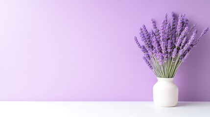 Lavender bouquet in vase against purple background