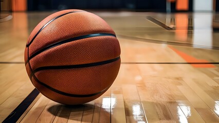 Naklejka premium Basketball on Court with Hardwood Floor and Orange Lines