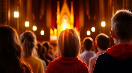 Congregation members are seated in a church observing the illuminated altar and architectural details, bathed in warm light.