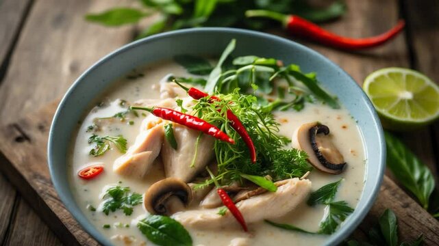 Chicken coconut milk soup on wooden table, local cuisine