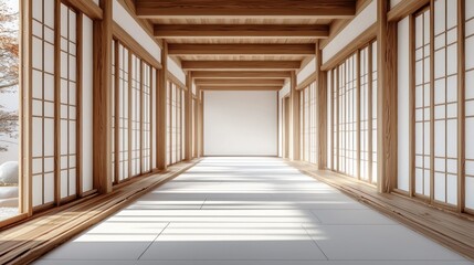 Serene Modern Interior Hallway with Wooden Beams and Natural Light