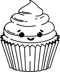 Cute Smiling Cupcake With Whipped Cream Design in Black and White Art

