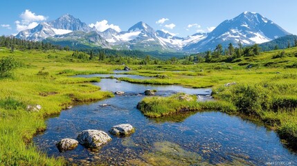 Fototapeta premium Majestic alpine meadow with crystal-clear streams flowing amidst lush greenery, snow-capped peaks in the background. Tranquil alpine landscape