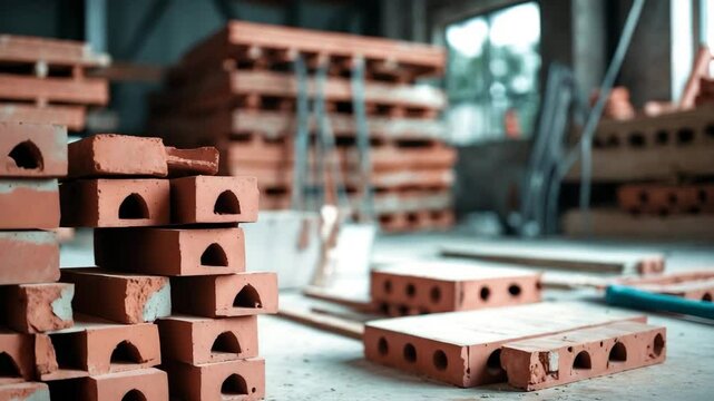 Close-up view of a pile of red bricks within a structure.