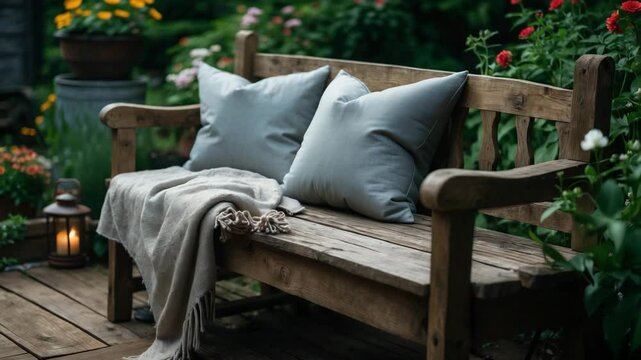 Cushions and throw on a cozy wooden bench in a summer garden.