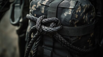 A military-grade black nylon rope tied around a tactical gear pack --ar 16:9 --v 6.1 Job ID: 211f1be8-2bf3-4a29-bd59-4b29ed1046f2