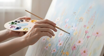 Naklejka premium A painter's hands bring a floral painting to life with gentle brushstrokes and a palette.