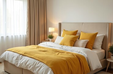 Stylish bedroom interior with soft yellow pillows, blanket. Modern design, cozy, comfortable bed with white bedding. Elegant bedroom, simple, minimal decor, comfort, light. Calm morning atmosphere.