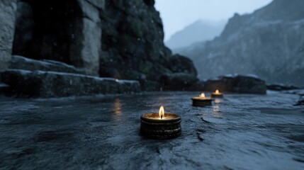 Flickering candlelight in a snowy, ancient locale