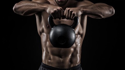 Muscular man lifting a kettlebell in a focused workout, showcasing strength, control, intense training, and defined physique.