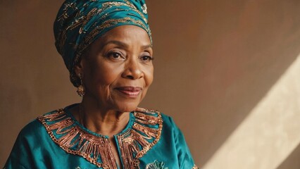 Portrait of an elderly African American woman in traditional attire, wearing a colorful scarf and gold jewelry. She is smiling in her home and appears to be from a religious background.