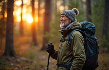 Older man enjoys hike at sunset in forest with backpack. Mature male smiles, wears warm clothes, hat. Adventure, exploration, active senior lifestyle, outdoors. Serene moment in nature, healthy