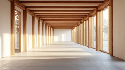 Modern Empty Room with Wooden Beams and Large Windows Interior
