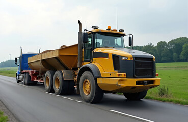 Obraz premium Yellow semi-trailer truck hauls big wheel loader on highway road. Heavy industrial machinery transport freight cargo. Commercial trucking, logistic transportation.