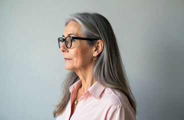 Fototapeta premium Profile portrait senior woman wearing eyeglasses. Elderly lady with grey hair, round earrings and pink shirt. Mature woman, retirement, aging, beauty, style, portrait on neutral studio background.