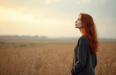 Fototapeta premium Young woman stands in field with hands in pockets looking at sky. Redhead female enjoys peaceful, calm moment in outdoor nature landscape. Serene, mindful person in harmony, wellness.