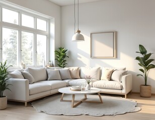 Fototapeta premium Modern living room interior design with minimalist furniture. White walls, sofa, wooden floor create cozy atmosphere. Home decor with plants, coffee table, natural sunlight from window. Scandinavian