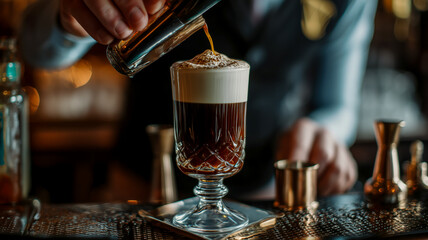 Crafting an Irish Coffee: A bartender pours a special beverage into a delicate glass, perfecting this classic drink's creamy layer.