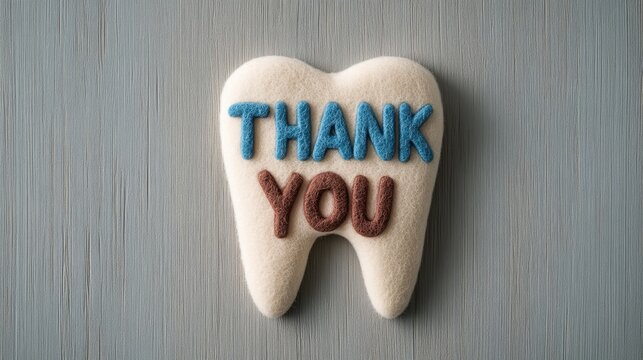 Cute Felt Tooth with "Thank You" Message in Blue and Brown Letters on a Wooden Surface