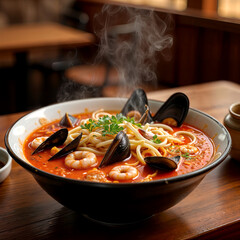 Korean style spicy seafood noodle soup (Jjambbong)