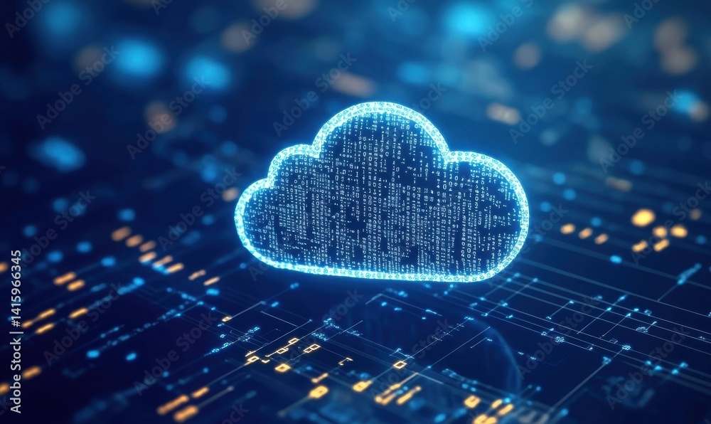 Poster a white cloud icon on a blue background with binary code, symbolizing the technology behind cloud co