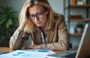 Stressed businesswoman suffering headache at work. Mature woman in glasses looks at financial reports. Corporate job, stressful work environment, burnout concept. Economic crisis, debt problems.