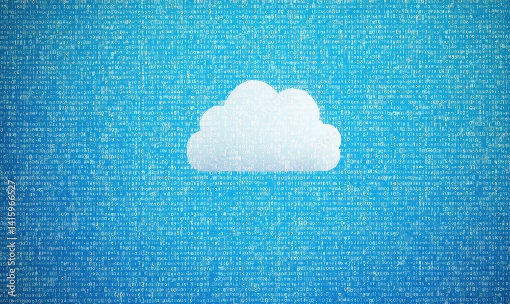 Poster white cloud icon on a blue digital background with binary code, representing the technology and inte