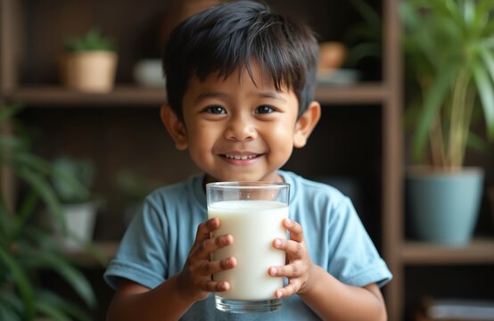 Happy Indian boy drinks milk glass. Portrait of cute child drinking fresh milk, smiling. Healthy beverage, proper nutrition, dairy product for kids. Child, childhood, diet, healthy lifestyle,