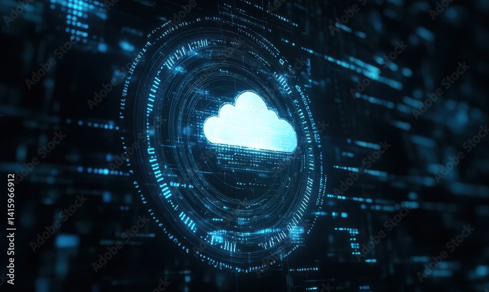 Poster a white cloud icon inside a circle on a blue digital background, with binary code in the dark space 