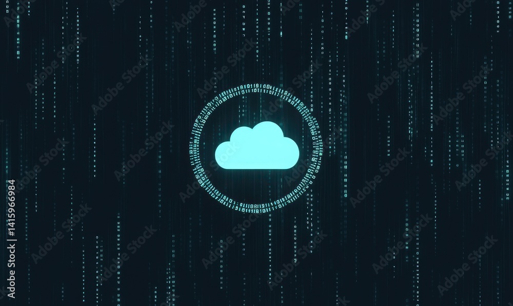 Poster a white cloud icon inside a circle on a blue digital background, with binary code in the dark space 