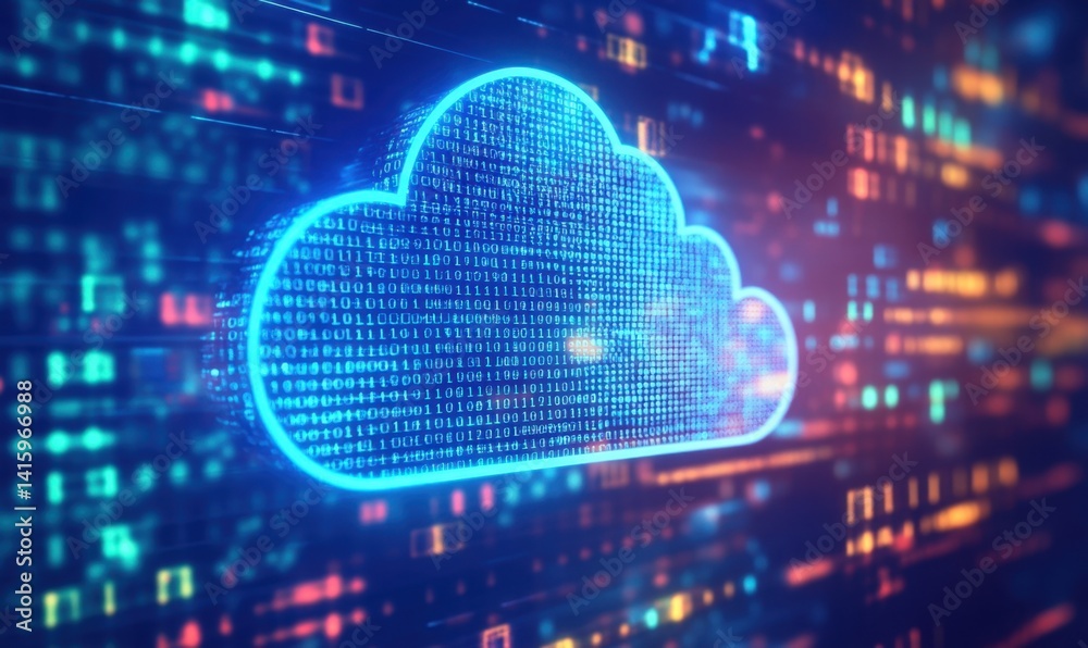 Poster a white cloud icon in front of a blue background with binary code, representing the concept of digit