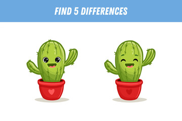 Find 5 differences between two pictures of cute cartoon cactus in a pot isolated on white background. Funny cacti in flat style. Activity page. Vector illustration.
