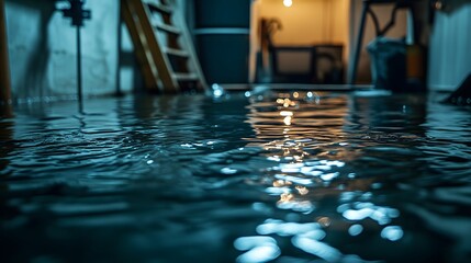 Flooded basement with deep water, ladder, and storage items,


