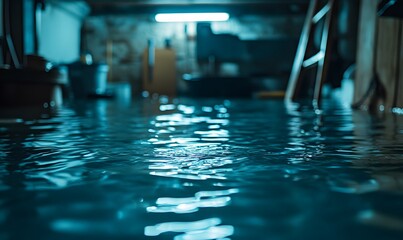 Obraz premium Flooded basement with deep water, ladder, and storage items,