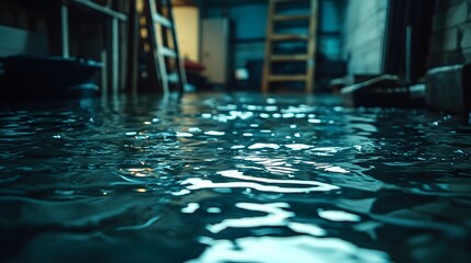 Obraz premium Flooded basement with deep water, ladder, and storage items,