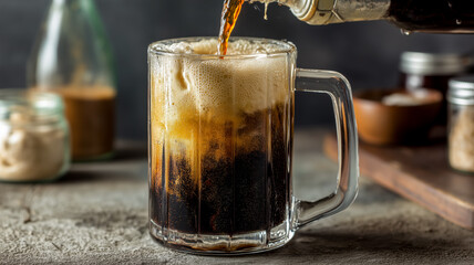 Root beer float being poured into a clear glass mug, creating a frothy head, atop a rustic surface.