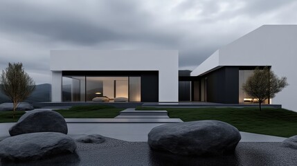 Modern minimalist home exterior with zen garden.  Exterior view of a contemporary residence featuring a clean, white facade, dark accents, and a serene landscaped yard with rocks, grass, and gravel