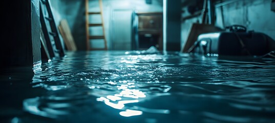 Water-filled basement interior with household items and ladder affected by flooding, highlighting property damage and disaster risk

