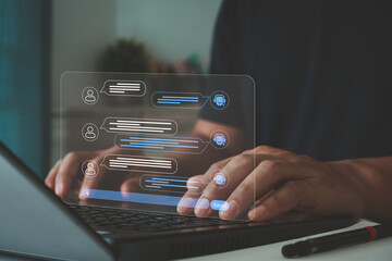 Chatbot conversation assistant, Contact us. Man use online customer service with chat bot to get...