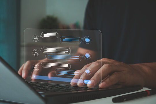 Chatbot conversation assistant, Contact us. Man use online customer service with chat bot to get support. AI automatic answering machine. Artificial intelligence, CRM software automation technology.