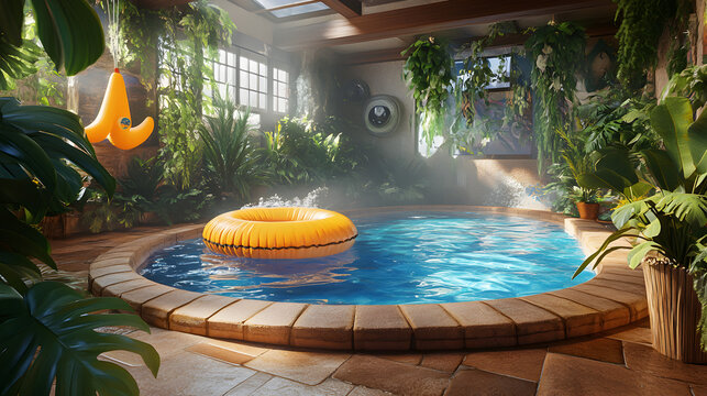 un inflable amarillo en una alberca dentro de un cuarto de un rancho rodeado de plantas verdes con un ventanal con entrada de luz del sol concepto de tranquilidad y relajacion